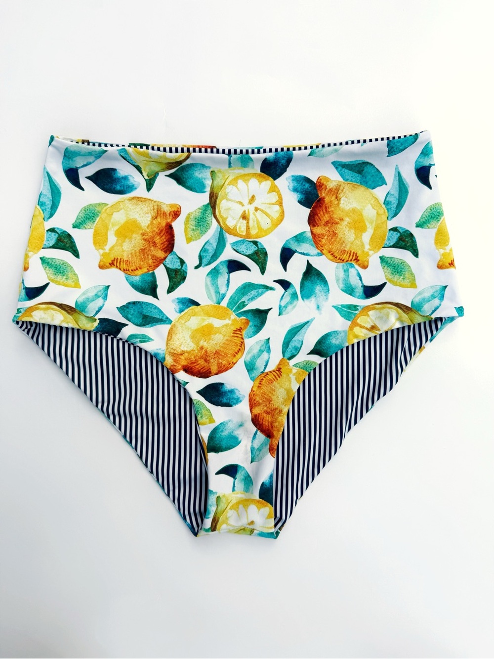 Lemon Print Ruffle Bikini Set - Yellow & Navy Stripes - Two Piece